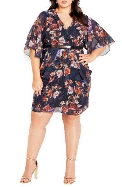 City Chic Floral Print Faux Wrap Minidress In Black