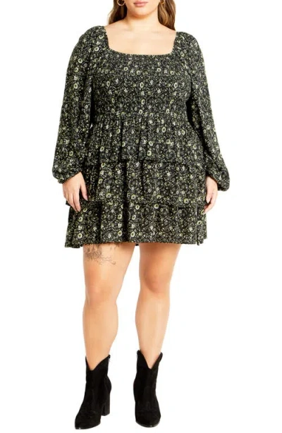 City Chic Floral Print Long Sleeve Tiered Minidress In Olive Ditsy