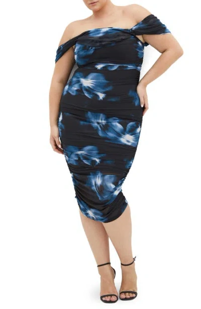 City Chic Floral Print Off The Shoulder Dress In Black