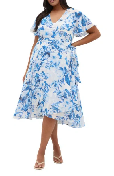 City Chic Floral Print Wrap Dress In Blue