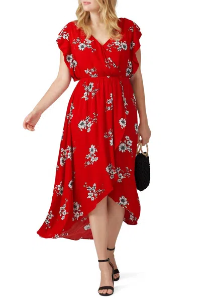 City Chic Floral Printed Wrap Midi In Red