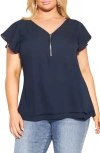 City Chic Florrie Zip Flutter Sleeve Top In Blue