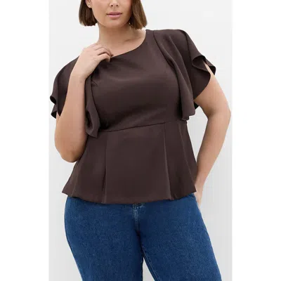 City Chic Flutter Sleeve Peplum Top In Brown
