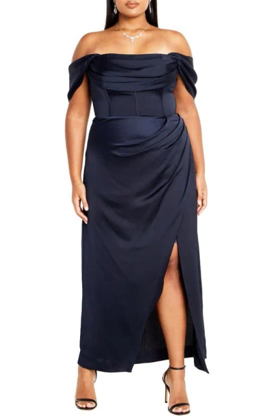 City Chic Forbidden Love Off The Shoulder Dress In Navy