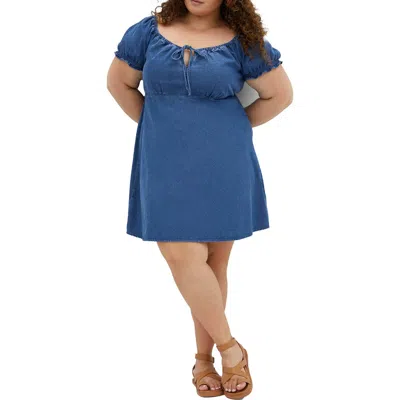 City Chic Freya Denim Babydoll Minidress In Dark Denim