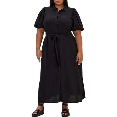 City Chic Freya Puff Sleeve Tie Belt Shirtdress In Black