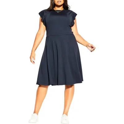 City Chic Frill Sleeve Dress In Navy