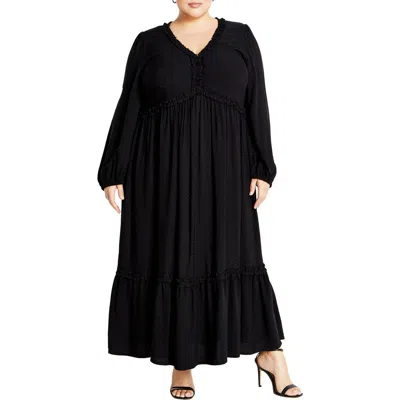 City Chic Gaia Long Sleeve Tiered Maxi Dress In Black | ModeSens