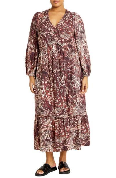 City Chic Gaia Long Sleeve Tiered Maxi Dress In Cocoa Paisley