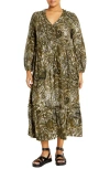 City Chic Gaia Long Sleeve Tiered Maxi Dress In Olive Paisley