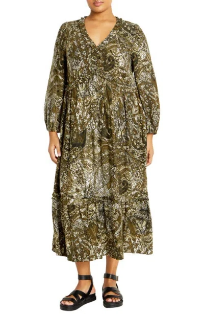 City Chic Gaia Long Sleeve Tiered Maxi Dress In Olive Paisley