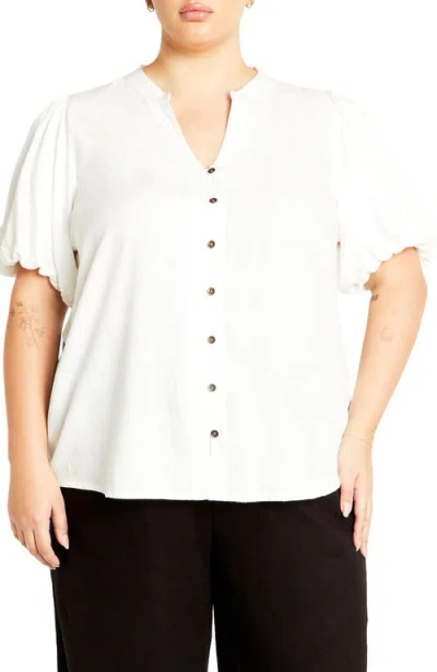 City Chic Georgia Short Sleeve Button Front Shirt In Ivory