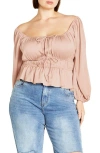 City Chic Georgie Shirred Satin Top In Neutral