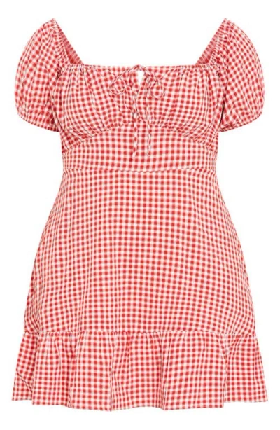 City Chic Gingham Puff Sleeve Minidress In Red Gingham