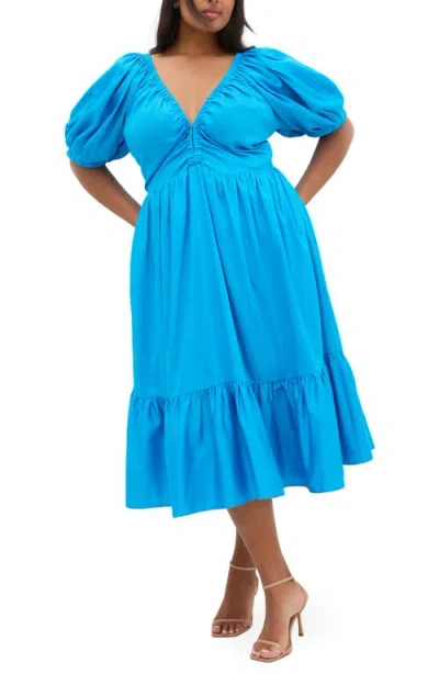 City Chic Grace Puff Sleeve Midi Dress In Blue