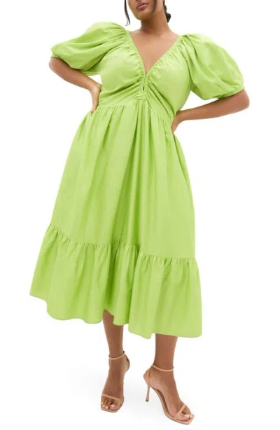 City Chic Grace Puff Sleeve Midi Dress In Green