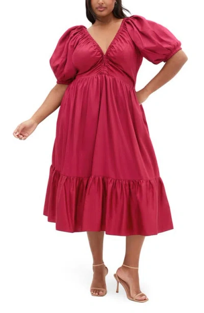 City Chic Grace Puff Sleeve Midi Dress In Pink
