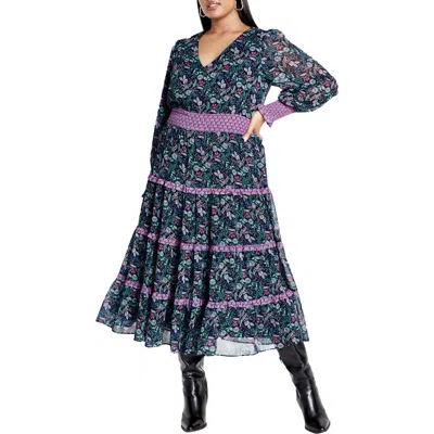 City Chic Gwendolyn Long Sleeve Tiered Dress In Florentine
