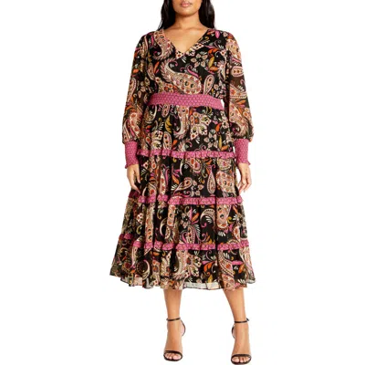 City Chic Gwendolyn Long Sleeve Tiered Dress In Peaceful Paisley