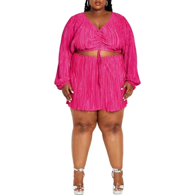 City Chic Hailee Plissé Cutout Long Sleeve Minidress In Flamingo