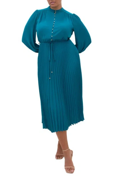 City Chic Halle Long Sleeve Pleated Maxi Dress In Blue