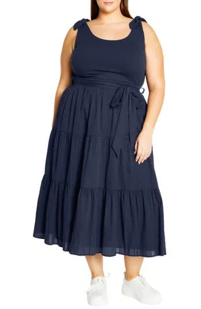 City Chic Hallie Mixed Media Tiered Midi Dress In Navy