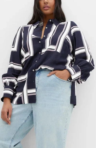City Chic Hallie Print Button-up Shirt In Blue