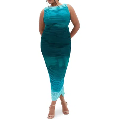 City Chic Halo Ombré Ruched Sleeveless Maxi Dress In Blue