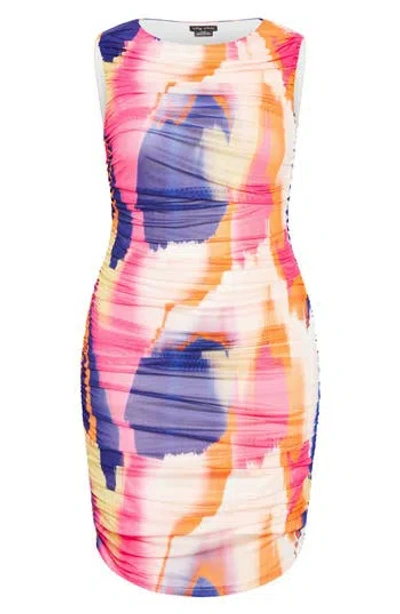 City Chic Halo Print Sleeveless Ruched Mesh Body-con Dress In Multi