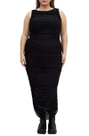 City Chic Halo Sleeveless Ruched Mesh Dress In Black
