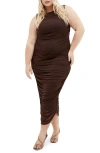 City Chic Halo Sleeveless Ruched Mesh Dress In Brown