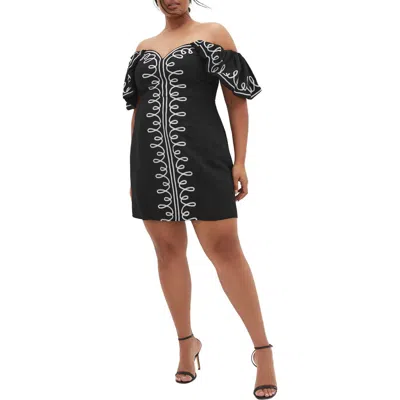 City Chic Hana Embroidered Off The Shoulder Minidress In Black