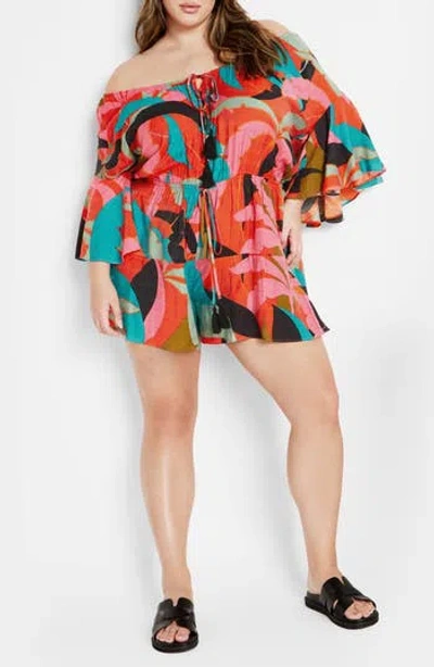 City Chic Harlow Flutter Sleeve Playsuit In Multi