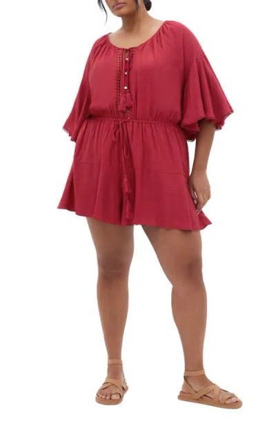 City Chic Harlow Tassel Tie Romper In Burgundy