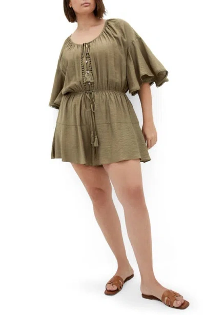 City Chic Harlow Tassel Tie Romper In Khaki