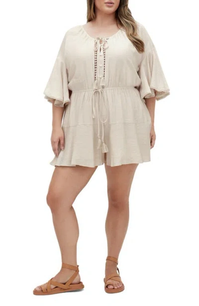 City Chic Harlow Tassel Tie Romper In Neutral