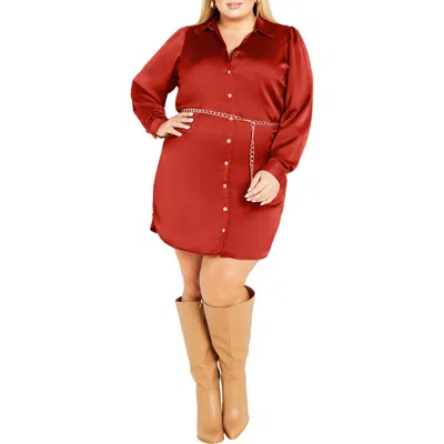 City Chic Harmoni Long Sleeve Satin Shirtdress In Red