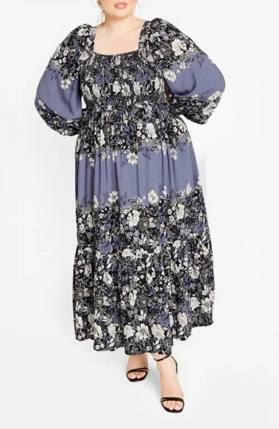 City Chic Hattie Floral Print Long Sleeve Maxi Dress In Blue