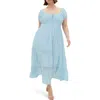 City Chic Haven Lace Inset Puff Sleeve Midi Dress In Blue