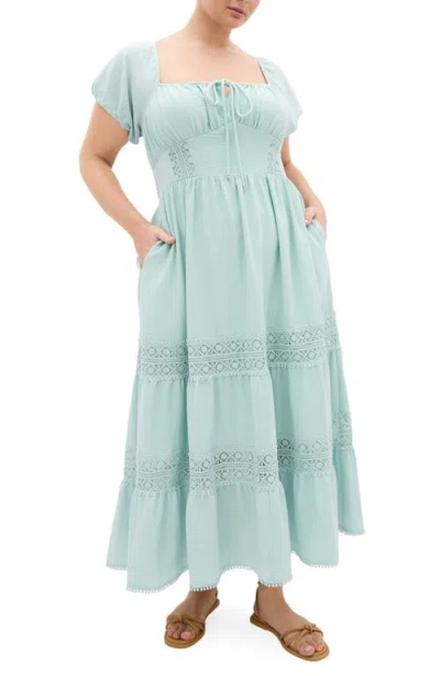 City Chic Haven Lace Trim Puff Sleeve Midi Dress In Blue