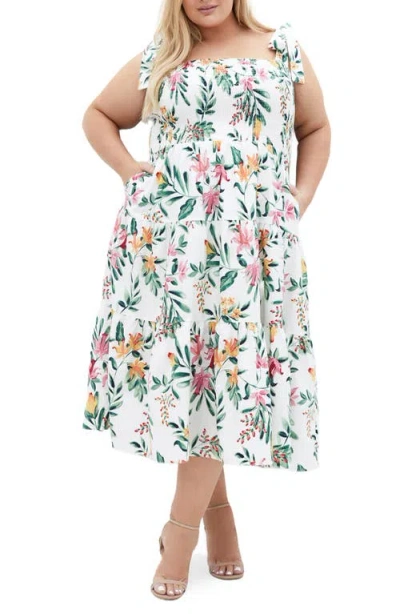 City Chic Haven Smocked Floral Cotton Midi Dress In Island Fl