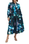 City Chic Haze Bloom Long Sleeve Shirtdress In Blue