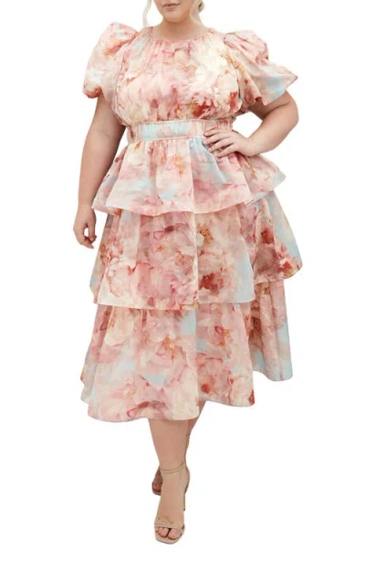 City Chic Heavenly Floral Puff Sleeve Tiered Midi Dress