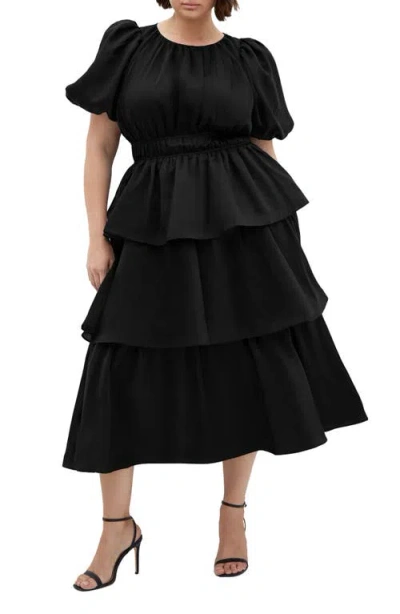 City Chic Heavenly Tiered Puff Sleeve Midi Dress In Black