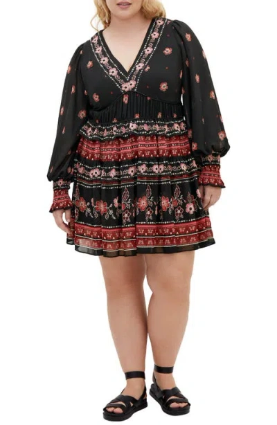 City Chic Hudson Long Sleeve Minidress In Black Batik Border