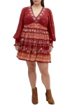 City Chic Hudson Long Sleeve Minidress In Rust Batik Border