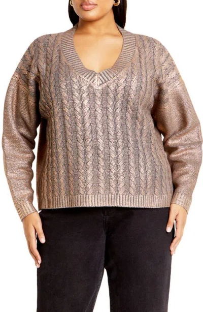 City Chic Iliana Metallic Cable Stitch Sweater In Gold