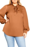 City Chic In Awe Tie Neck Blouse In Toffeednu
