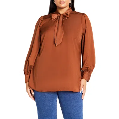 City Chic In Awe Tie Neck Top In Toffee