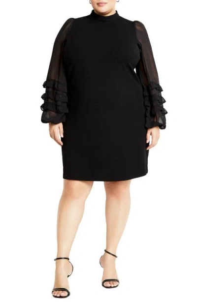 City Chic Indiana Ruffle Long Sleeve Shift Dress In Black